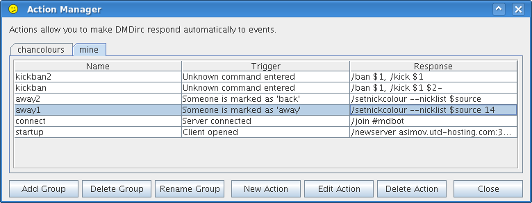Actions Manager dialog